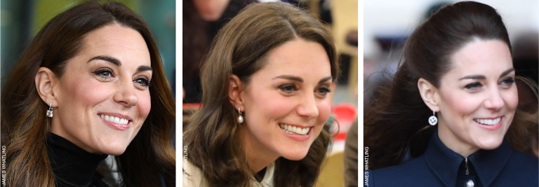 Kate Middleton wearing three different types of earrings: The Grace in white topaz and diamonds by Kiki Mcdonough, the Baroque Pearl Drops by Annoushka and the Diamond Empress by Mappin & Webb.