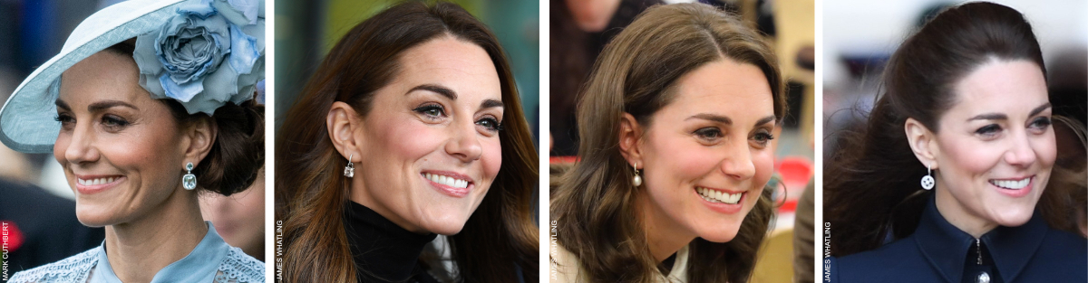Kate Middleton wearing four different types of earrings: The Blue Topaz Drops by Kiki McDonough, the Grace in white topaz and diamonds by Kiki Mcdonough, the Baroque Pearl Drops by Annoushka and the Diamond Empress earrings by Mappin & Webb.
