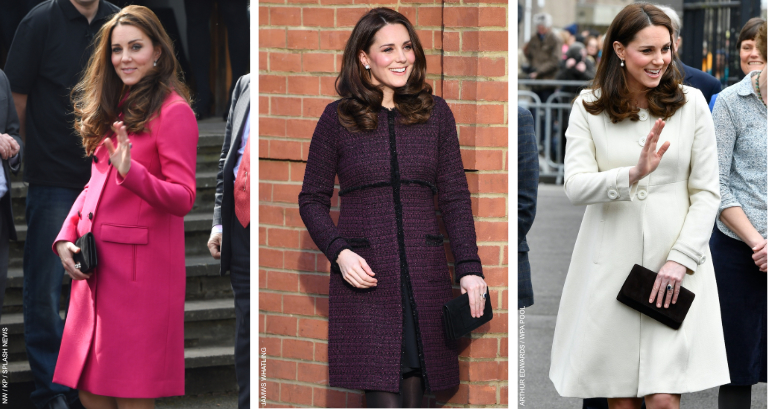 Three of Kate Middleton's maternity outfits while pregnant: a pink Mulberry coat, a purple coat by Seraphine and a white coat by Jojo Maman Bebe