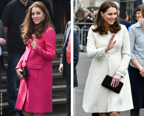 Two of Kate Middleton's maternity outfits while pregnant: a pink Mulberry coat and a white coat by Jojo Maman Bebe
