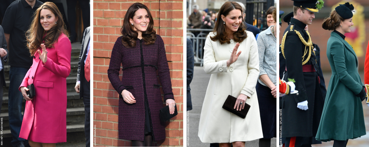 Four of Kate Middleton's maternity outfits while pregnant: a pink Mulberry coat, a purple coat by Seraphine, a white coat by Jojo Maman Bebe and a great coat dress by Emilia Wickstead