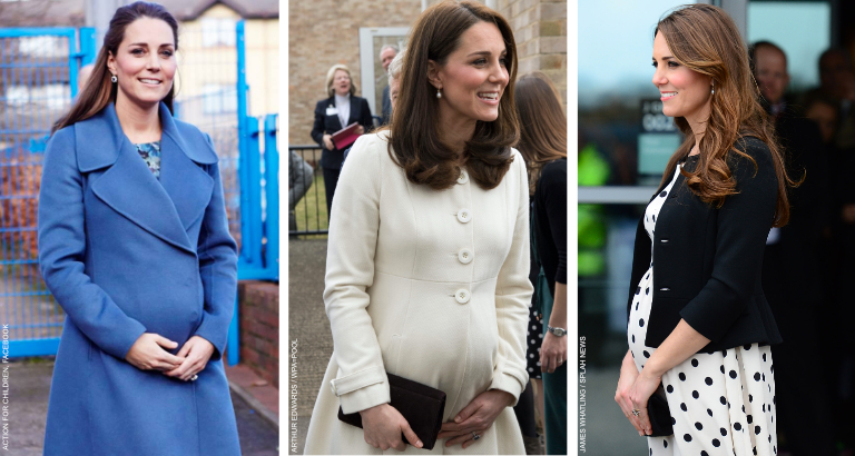 Three of Kate Middleton's maternity outfits showing her baby bump: she's wearing a blue coat by MaxMara, a white coat by Jojo Maman Bebe and a polka dot dress by Topshop and a blue coat by Seraphine
