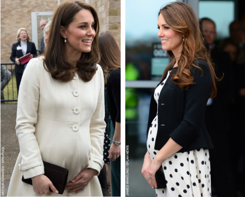 Two of Kate Middleton's maternity outfits showing her baby bump: a white coat by Jojo Maman Bebe and a polka dot dress by Topshop