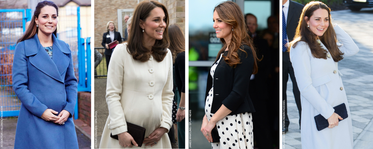 Four of Kate Middleton's maternity outfits showing her baby bump: she's wearing a blue coat by MaxMara,a white coat by Jojo Maman Bebe, a polka dot dress by Topshop and a blue coat by Seraphine