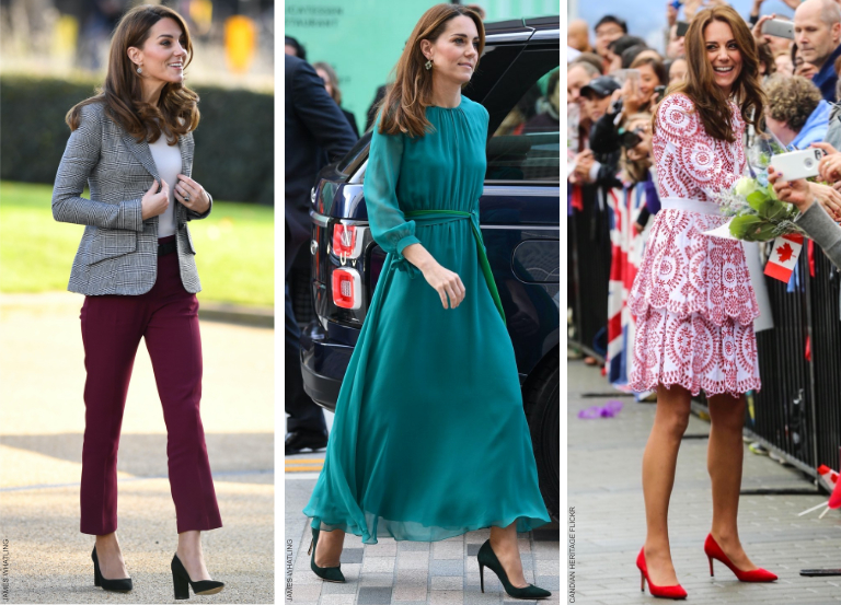 Kate Middleton wearing three different types of pumps in varying colours and heel heights