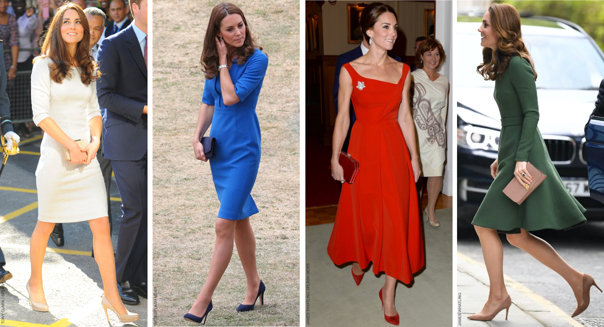 Kate Middleton wearing four different types of pumps in varying colours and heel heights