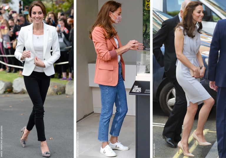 Kate Middleton wearing three different types of shoes: a pair of checked block heeled pumps, a white pair of sneakers and a pair of nude court shoes