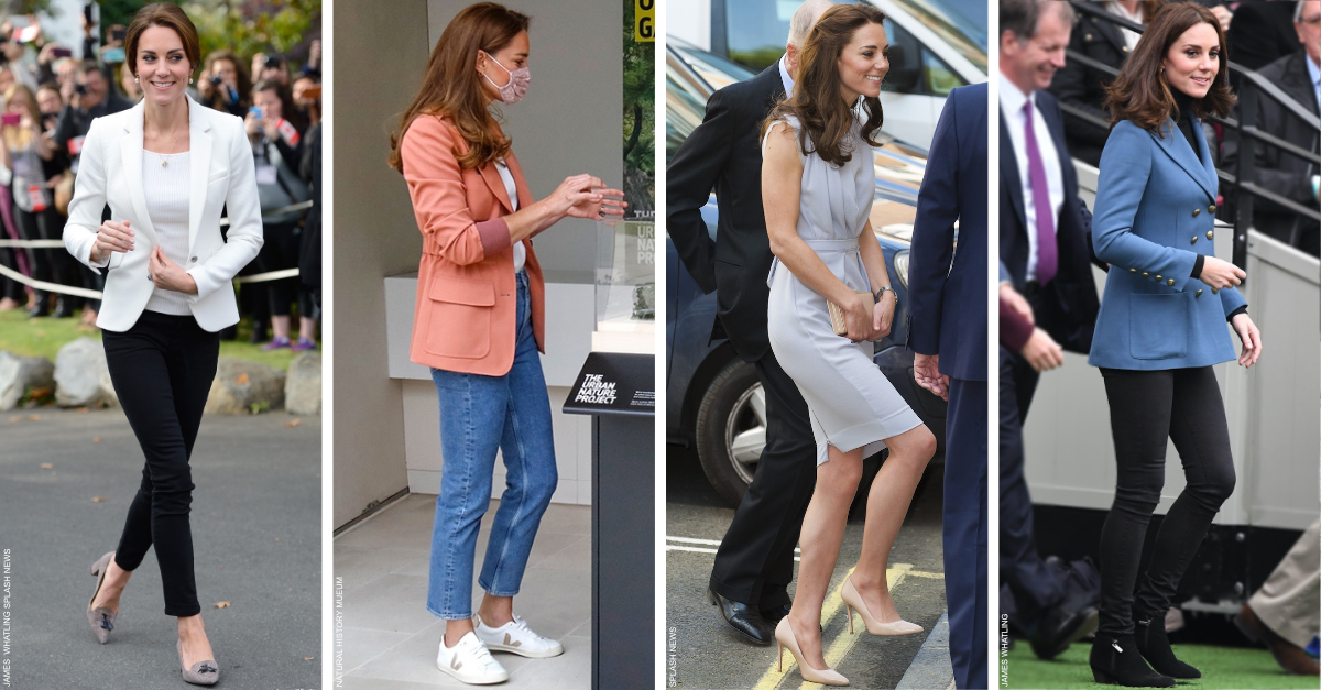 Kate Middleton wearing three different types of shoes: a pair of checked block heeled pumps, a white pair of sneakers, a pair of nude court shoes and a pair of black chelsea boots