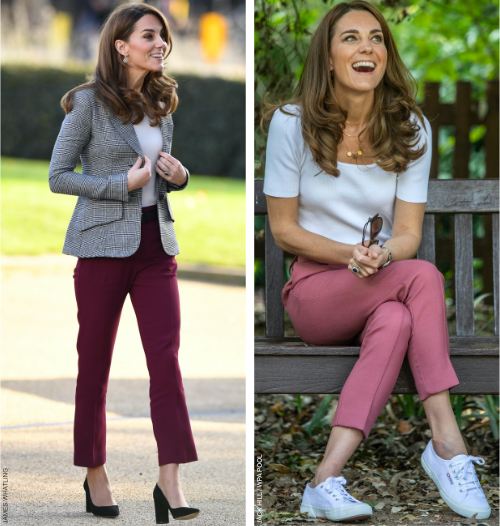 Kate Middleton wearing two different types of shoes: a pair of black block heeled court shoes and a pair of white sneakers