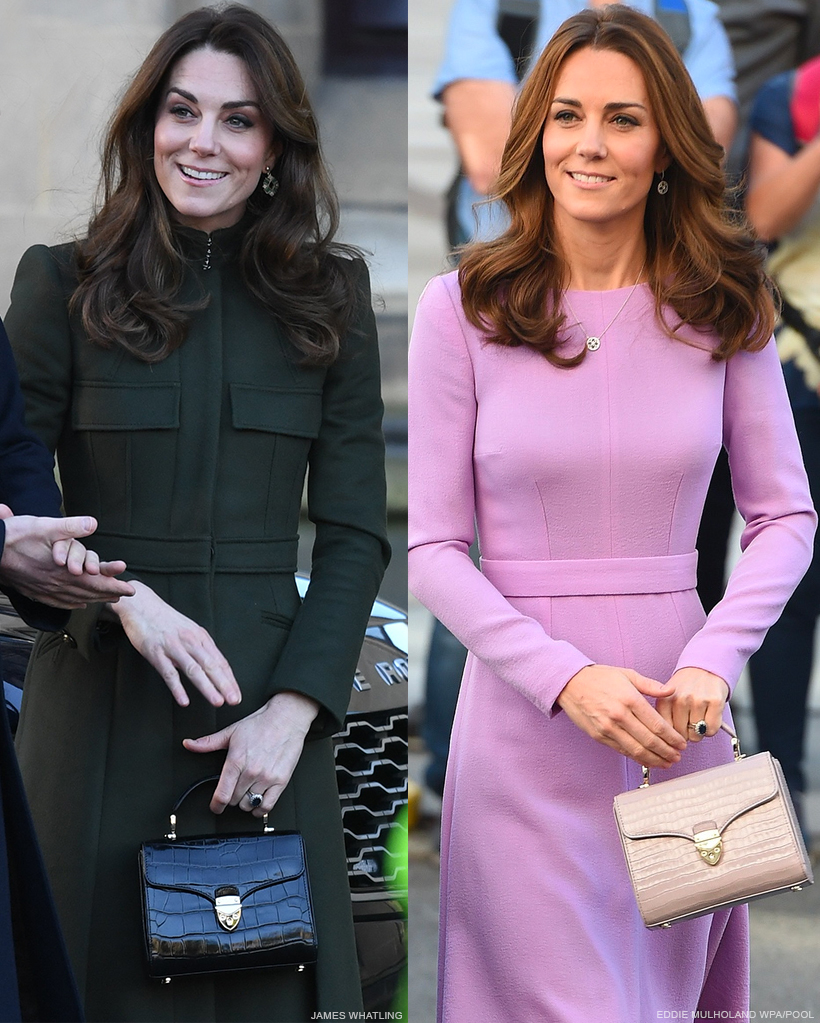 Princess of Wales, Kate Middleton, carrying the Aspinal of London Mayfair Midi bags in two different colours, black croc and lilac croc