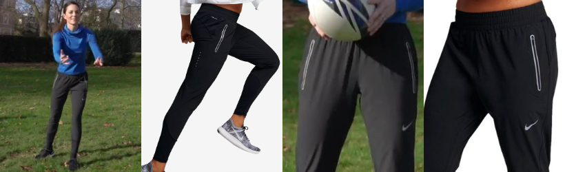 Kate is wearing a pair of Nike tracksuit bottoms.  This image shows a side-by-side comparison of Kate Middleton wearing sporty attire next to stock images from the Nike shop.  