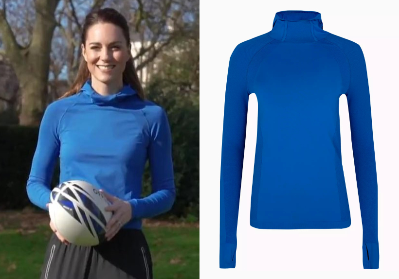 This side-by-side comparison image shows a photo of the Duchess wearing  a blue top on the left.  A photo of a blue top from Sweaty Betty's website is on the right.  The comparison makes it clear they are the same top.