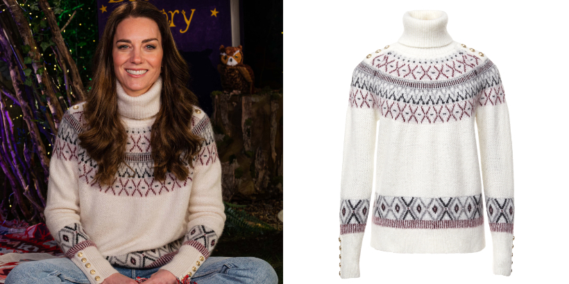 A side-by-side comparison of the Duchess wearing the cream fair isle sweater by Holland & Cooper and a stock image from the brand's website 
