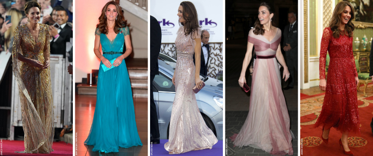 Kate Middleton in five different evening looks: arguably her five best gowns since joining the Royal Family. In the first image, she's wearing a glittering gold gown. In the second, a teal number with lace. The third is pink, with Swarovski detailing. The fourth is a ballgown with unique pink ombre detailing. The fifth and final is a long red evening dress covered with glittering sequins.