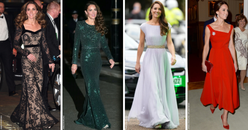 Four photos of Kate Middleton wearing gowns: A black lace design with a sweetheart neckline; a glittering green gown with a jewelled neckline, a Grecian-style gown in lilac and a stunning red asymmetric evening dress. The other three gowns are floor-length. This one hits above the ankle.