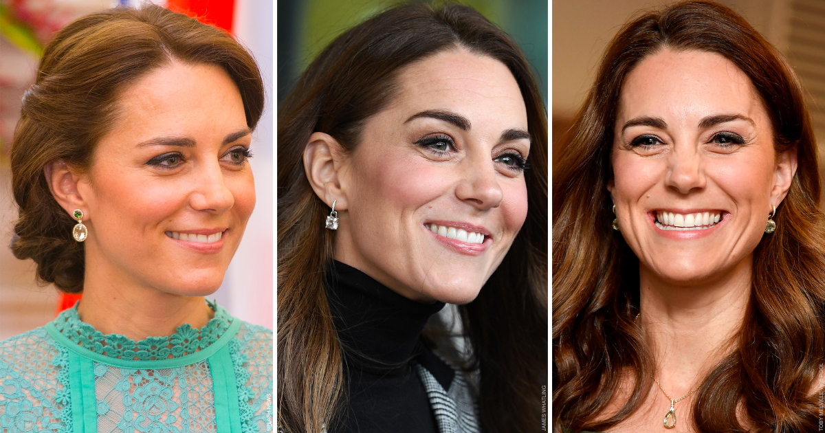 Kate Middleton wearing three different pairs of Kiki McDonough earrings and a necklace also by Kiki McDonough