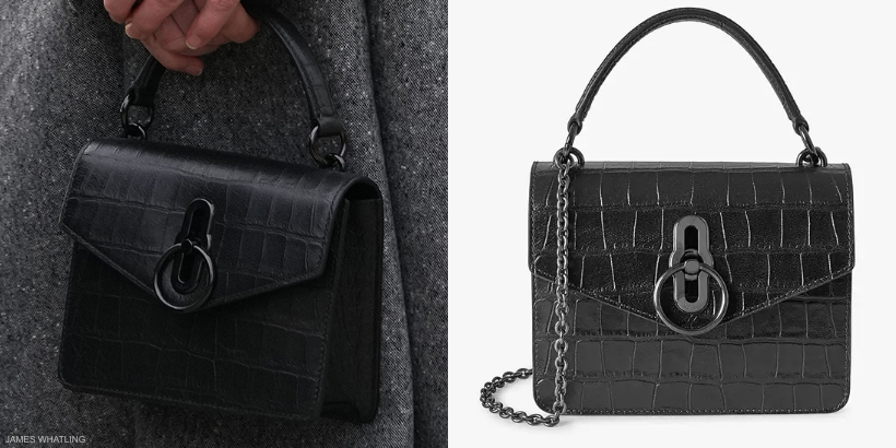 Side-by-side comparison image showing Kate Middleton's black croc Mulberry bag.