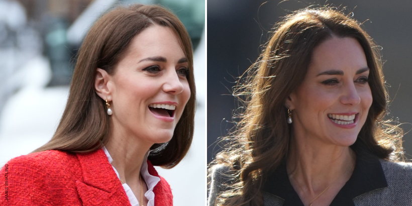 Two photos of Kate Middleton in Denmark wearing a pair of pearl earrings by Maria Black