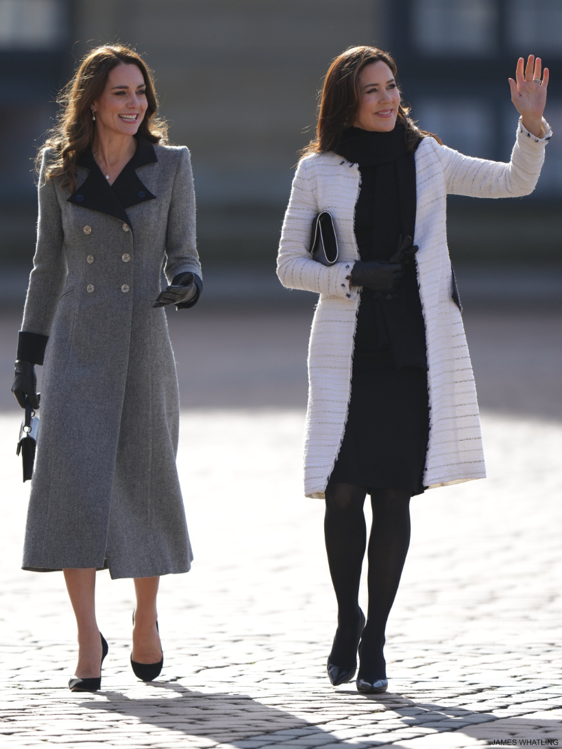 The Duchess of Cambridge and Crown Princess Mary of Denmark walk across the Amalienborg courtyard before a private lunch at Frederik VIII's Palace, in Copenhagen, Denmark, on the 23rd February 2022.