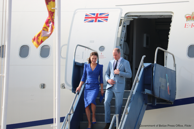 William and Kate leaving the aeroplane in Belize.  Kate is wearing an all blue outfit