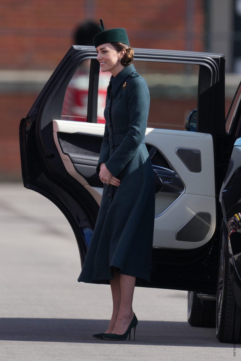 The Duke and Duchess of Cambridge visit the 1st Battalion Irish Guards at the St. Patrick's Day Parade, Mons Barracks, Aldershot, Hampshire, UK, on the 17th March 2022.  