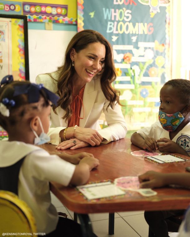 Kate Middleton white suit by McQueen & orange accessories in Jamaica