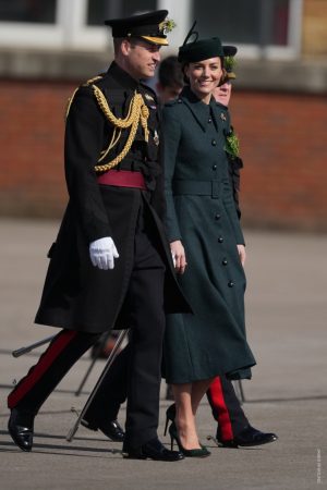 The Duke and Duchess of Cambridge visit the 1st Battalion Irish Guards at the St. Patrick's Day Parade, Mons Barracks, Aldershot, Hampshire, UK, on the 17th March 2022. Picture by James Whatling