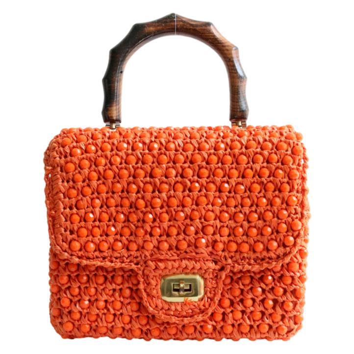 Alma Tonutti Handbag Straw Purse Orange Multi Flowers Buttons Summer Beach  FLAW