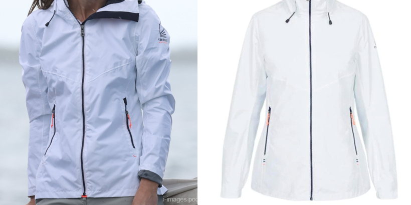 Side-by-side comparison of Kate Middleton wearing the white sailing jacket and a stock image from the Tribord/Decathlon website.