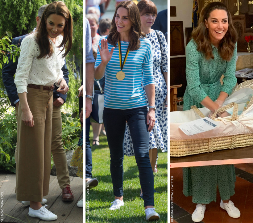 A montage of three photos showing Kate Middleton (the Duchess of Cambridge) wearing her white canvas Superga Cotu Classic sneakers on various occasions.