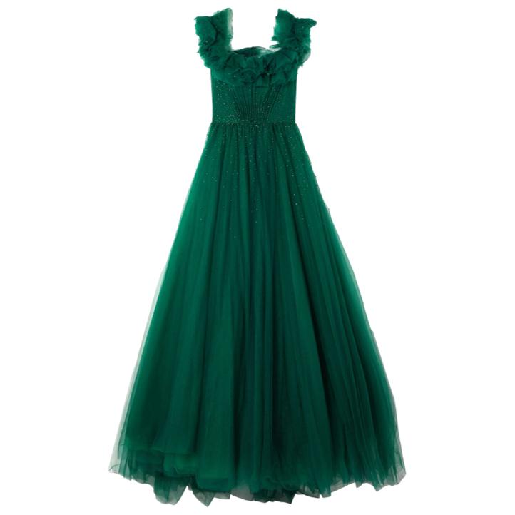 Jenny Packham Wonder Off-The-Shoulder Ruffled Tulle Gown in Green