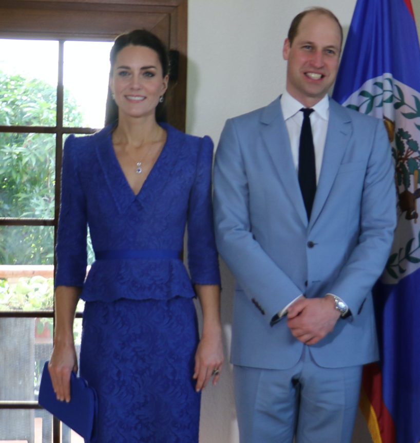 William and Kate in Belize. The Duchess is wearing a blue lace dress by Jenny Packham