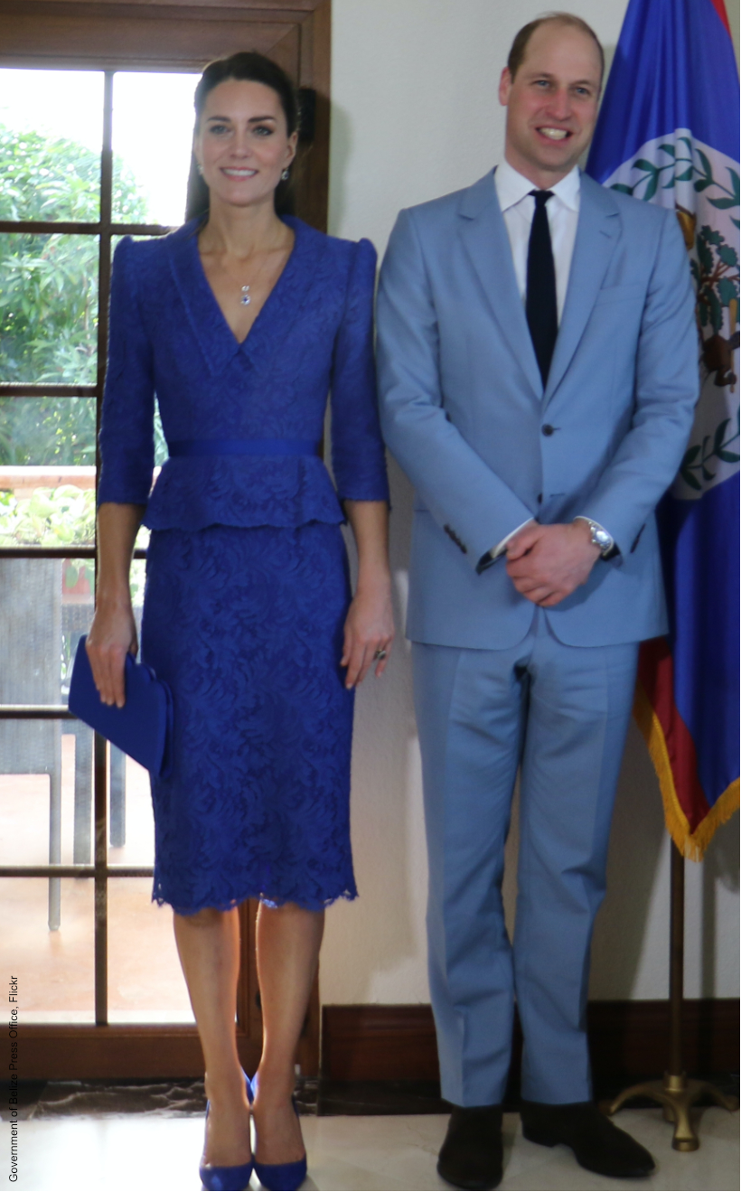 William and Kate in Belize.  The Duchess is wearing a blue lace dress by Jenny Packham