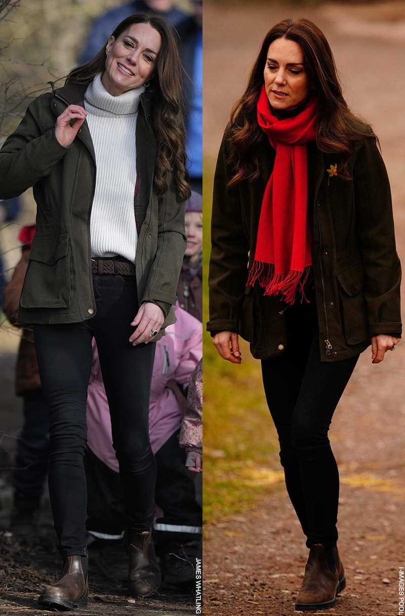 A composite image showing two photos of the Duchess of Cambridge (Kate Middleton) wearing a pair of Blundstone chelsea ankle boots in brown