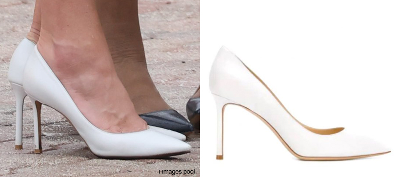 A side-by-side image showing the Duchess of Cambridge (Kate Middleton) wearing Jimmy Choo Romy 85 shoes in white compared with a stock image from the brand. 