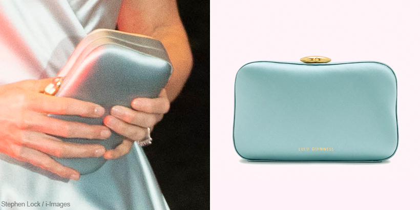 Side-by-side image illustrating that Kate carries the LuLu Guinness Hayworth Clutch in Blue Satin.  Left: Kate holding the clutch.  Right: A stock image of the clutch from the Lulu Guinness website.