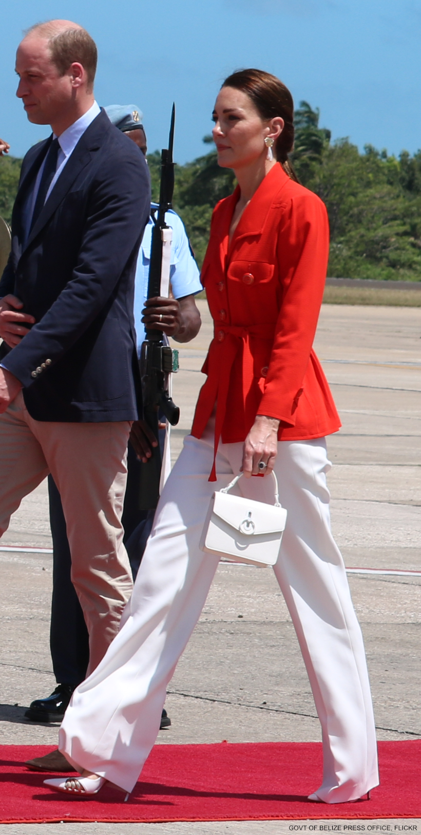 Red jacket and sales pants