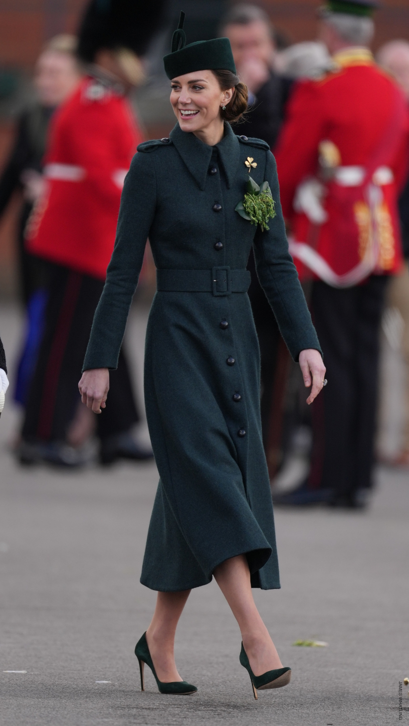 The Duke and Duchess of Cambridge visit the 1st Battalion Irish Guards at the St. Patrick's Day Parade, Mons Barracks, Aldershot, Hampshire, UK, on the 17th March 2022. Picture by James Whatling