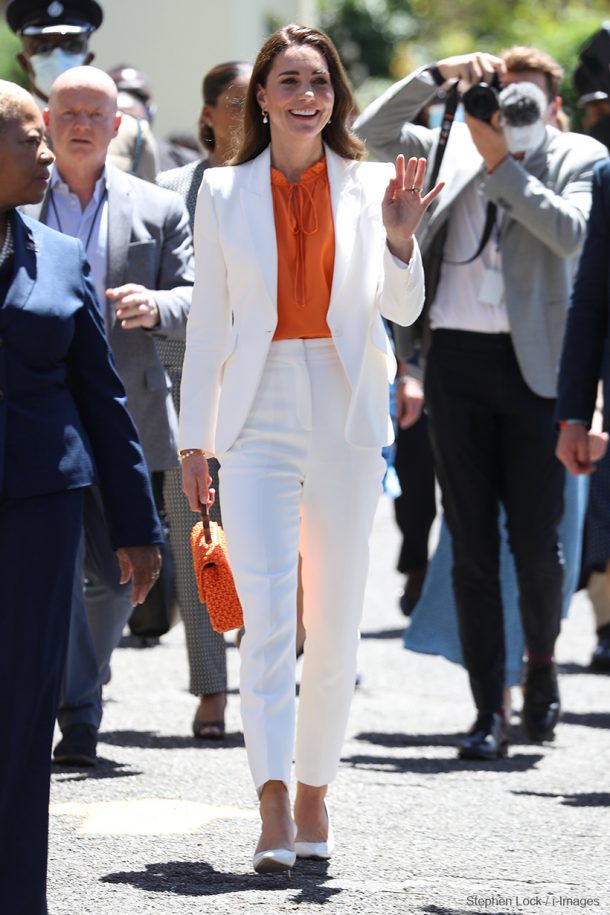 Kate Middleton white suit by McQueen & orange accessories in Jamaica