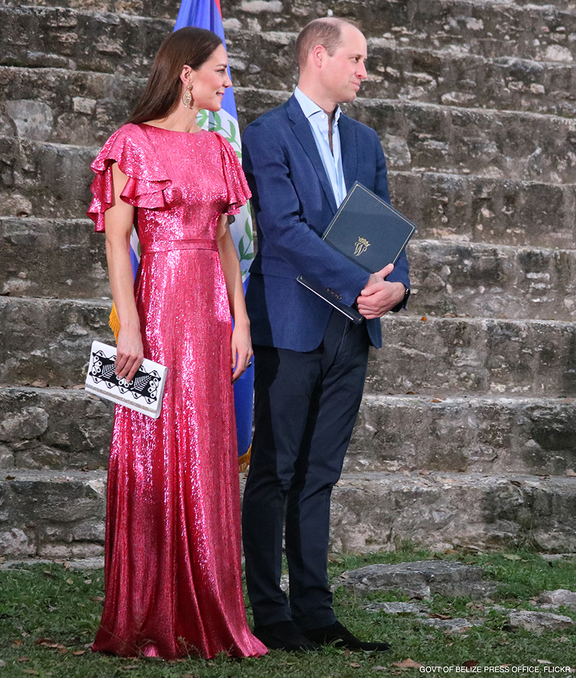 Kate Middleton wearing a pink glittering dress by The Vampire's Wife at an ancient Mayan site in Belize