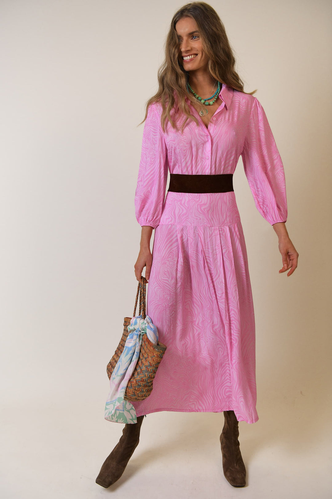 Rixo Izzy Pleated Shirtdress in Pink Marble Zebra - Kate Middleton Dresses  - Kate's Closet