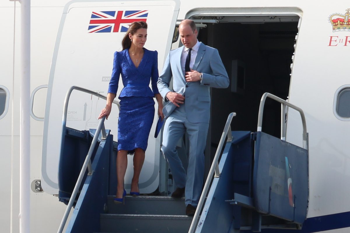 Duchess arrives in Belize wearing bright blue lace dress