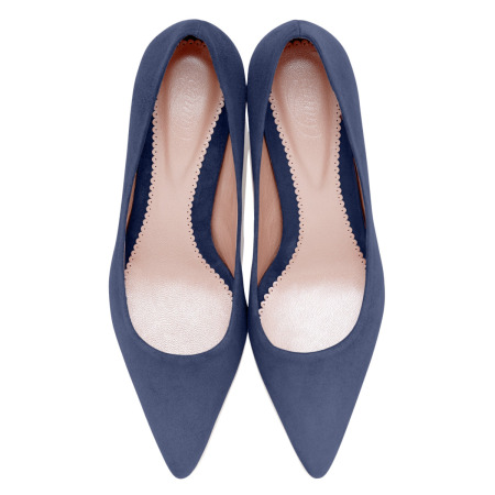 A top-down view of the Emmy London Rebecca Court Shoes in Riviera Blue Suede, highlighting the pointed toe, delicate scalloped leather lining, and smooth suede finish.