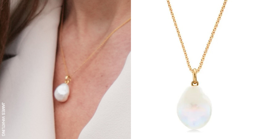 Side-by-side image showing the Princess of Wales wearing the Monica Vinader Nura pearl pendant on a gold chain next to a product shot from the designer's catalogue. 