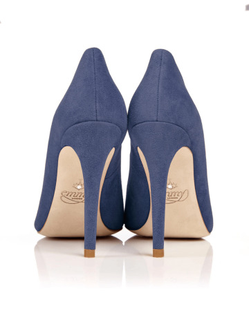 Rear view of the Emmy London Rebecca Court Shoes in Riviera Blue Suede, showing the elegant straight heel and subtle embossed branding on the leather sole.