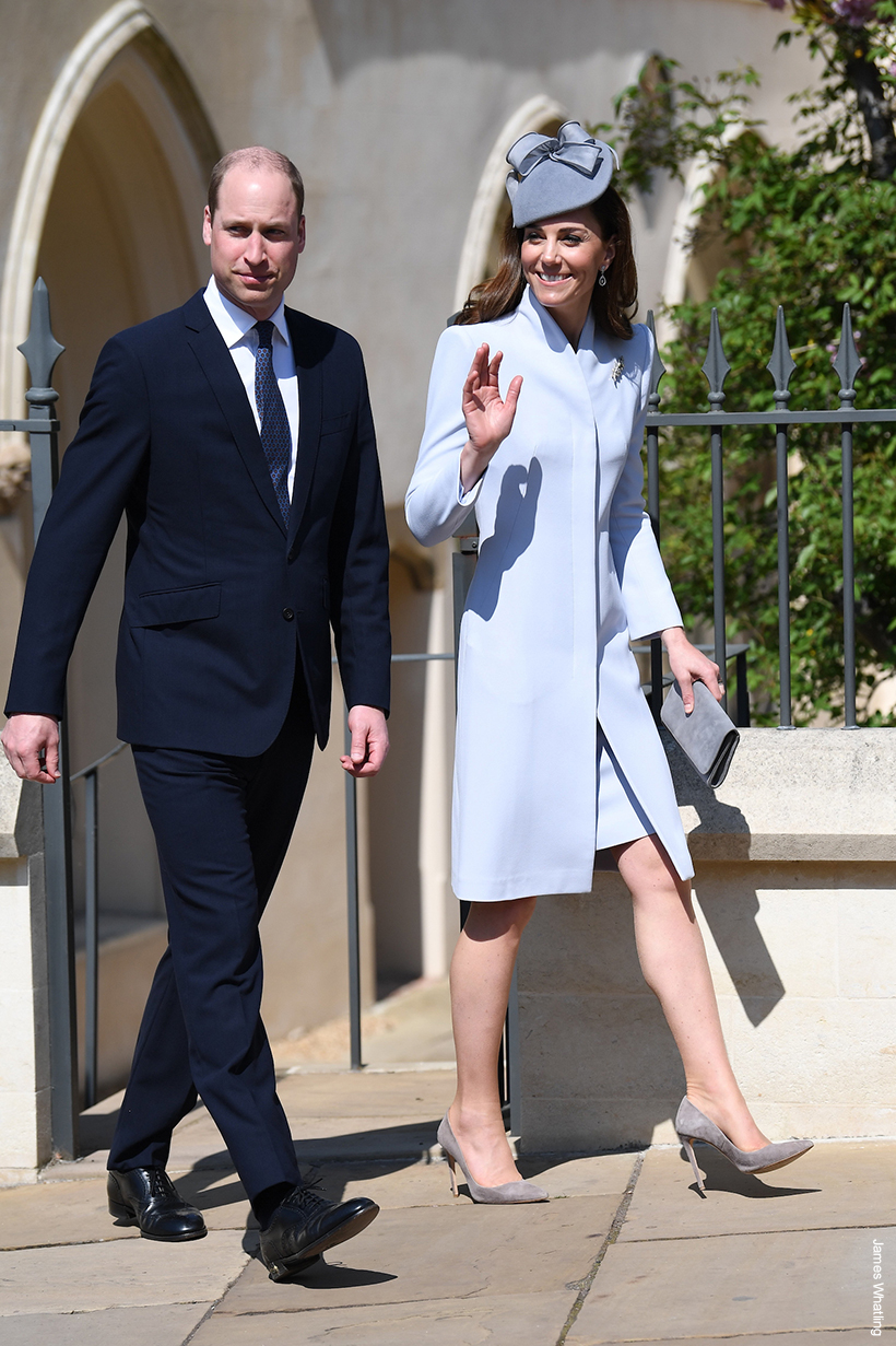 Kate Middleton wearing a blue outfit finished with  a pair of Emmy London Rebecca court shoes in Steel Grey