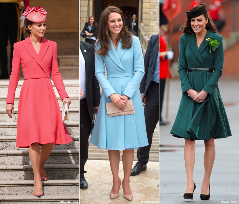 Kate Middleton wearing the same coat dress in three different colours