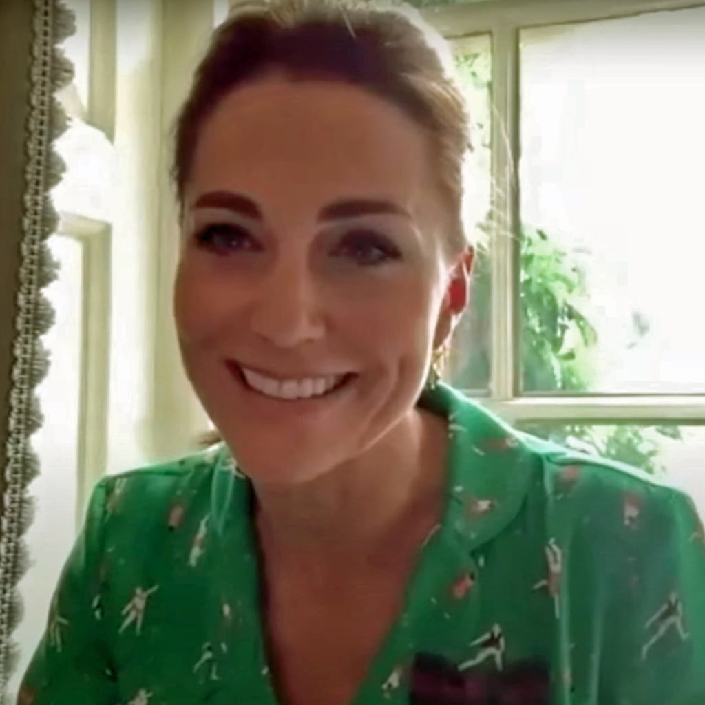 Kate Middleton wearing a green tennis-print HVN dress during a Zoom call in 2020