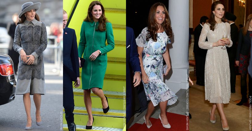 A composite image showing four different photographs of the Duchess of Cambridge (Kate Middleton) wearing clothing by Erdem
