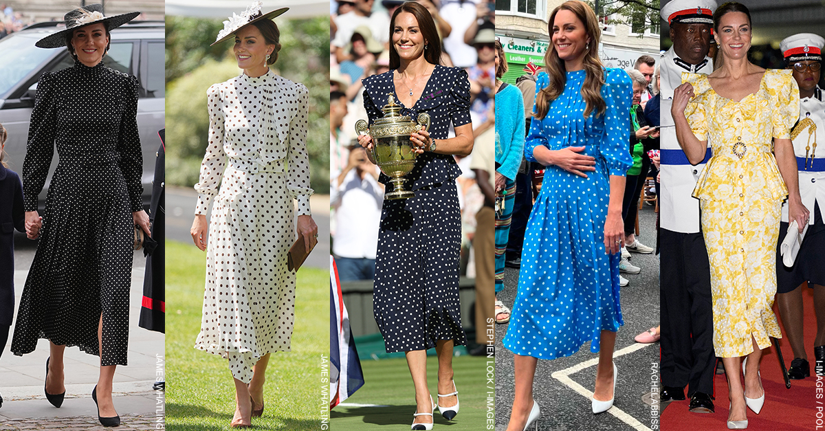 A composite image showing five images of the Duchess of Cambridge, Kate Middleton, wearing Alessandra Rich dresses and shoes.